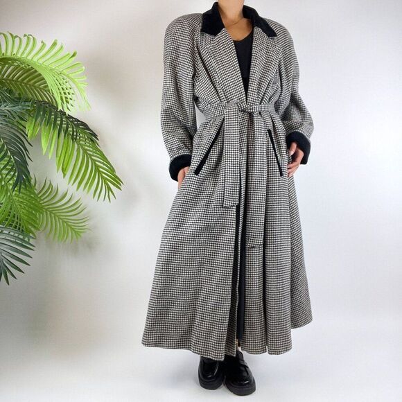 Vintage 90s Grunge Classy Streetwear Winter Full Houndstooth Dress Wool Coat /12 - Picture 8 of 9